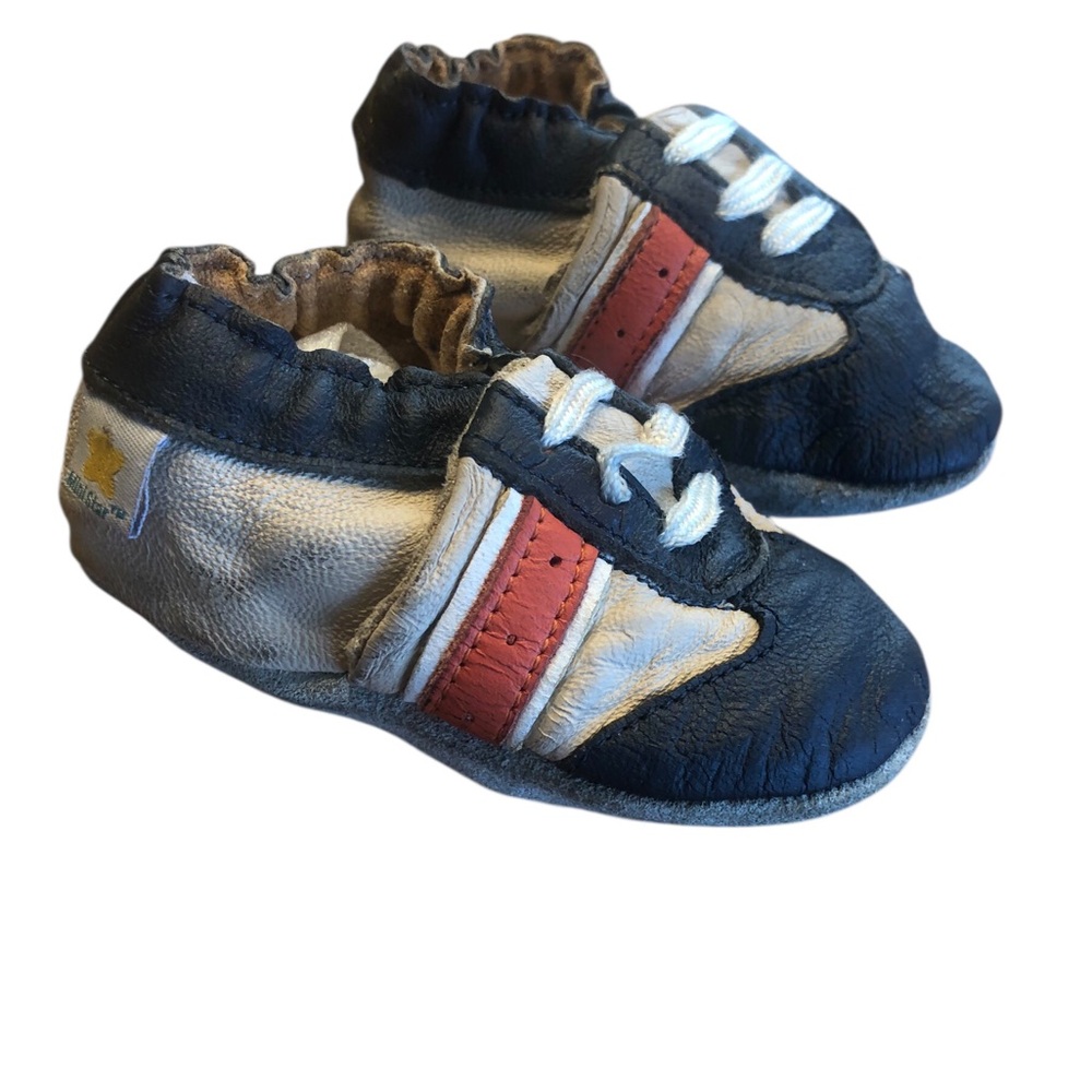 Mini Star Size 2-3 Infant Boy Stylish Leather Navy and Orange Soft Sneakers
